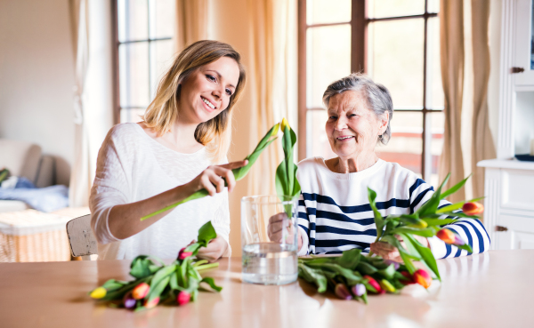 Portrait of an elderly grandmother with an adult granddaughter at home. Women putting flowers in a vase.