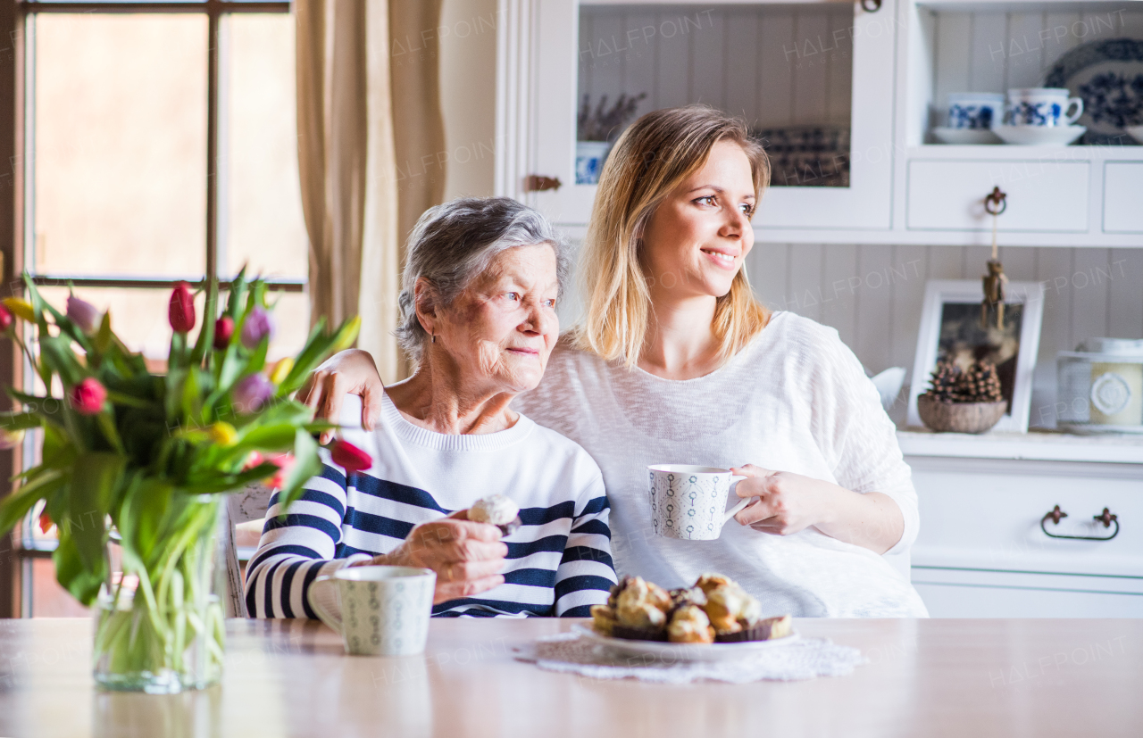 Portrait of an elderly grandmother with an adult granddaughter at home. Women sitting at the table, eating cakes and drinking coffee.