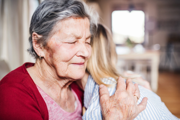 Portrait of an elderly grandmother with an adult granddaughter sitting on the sofa at home, hugging. Close up.