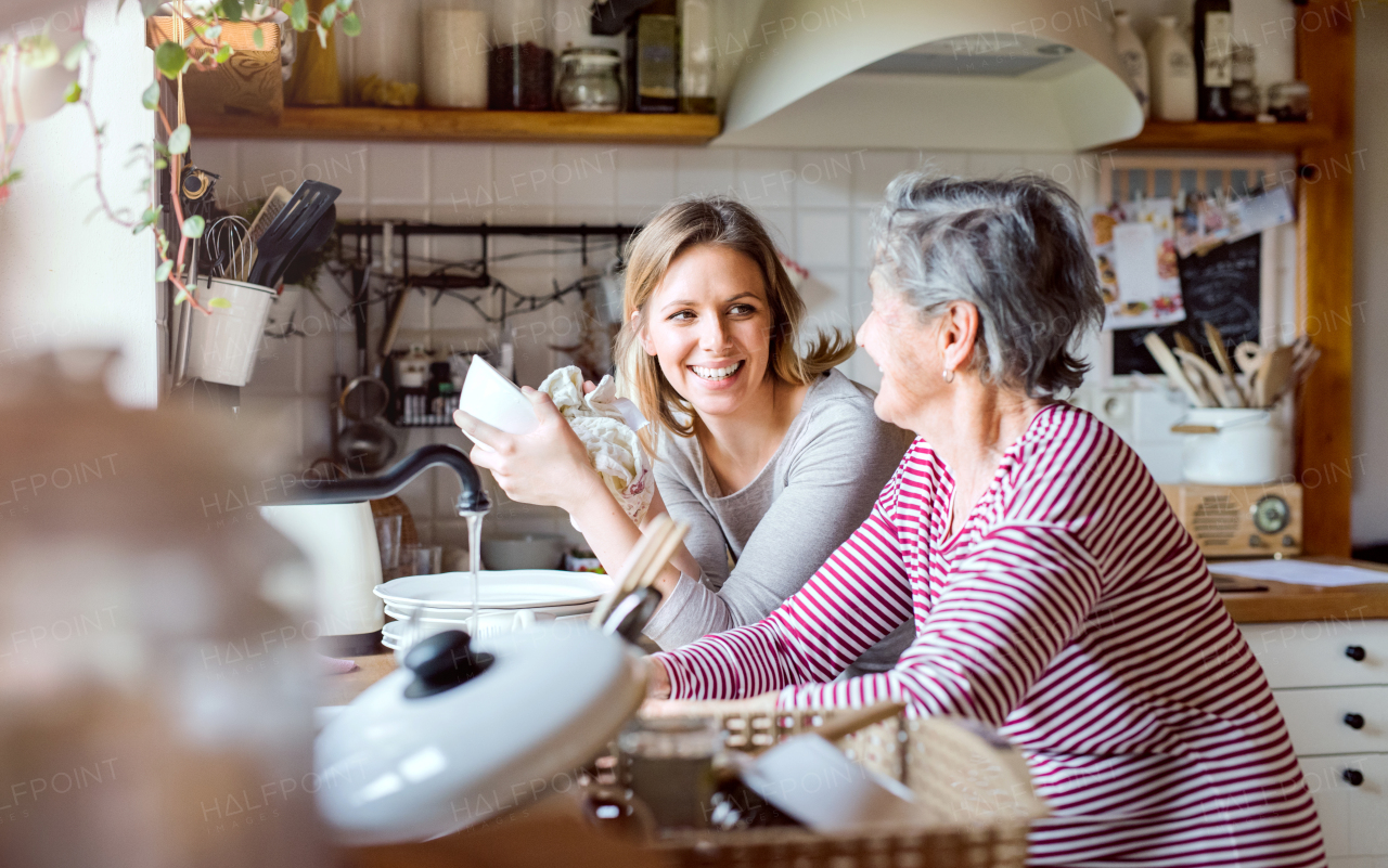 A happy elderly grandmother with an adult granddaughter at home, washing the dishes.