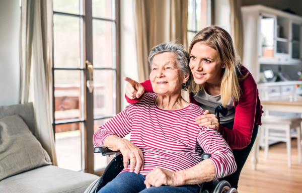 A happy elderly grandmother in wheelchair with an adult granddaughter at home.