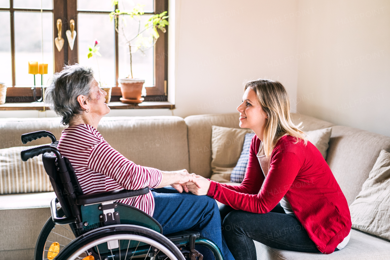 An elderly grandmother in wheelchair with an adult granddaughter sitting on the sofa at home, holding hands.