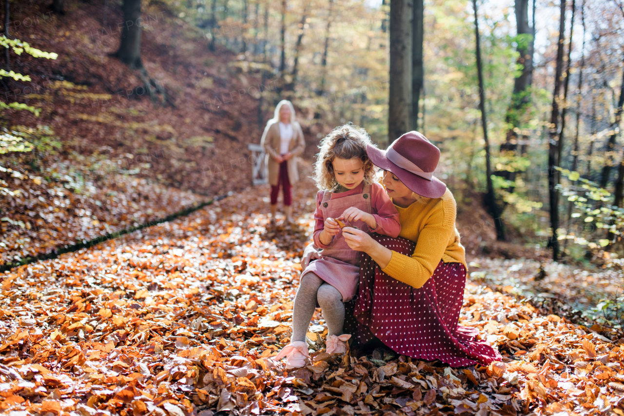 Small girl with mother and grandmother on a walk in autumn forest, talking.