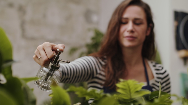 A woman florist standing in flower and plant shop, spraying plants with water.