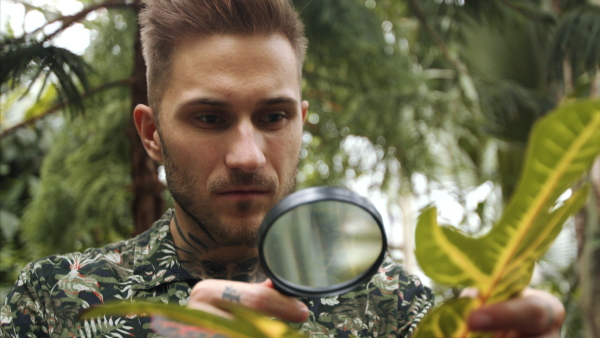 Young man researcher with magnifying glass standing in botanical garden, exploring plants.