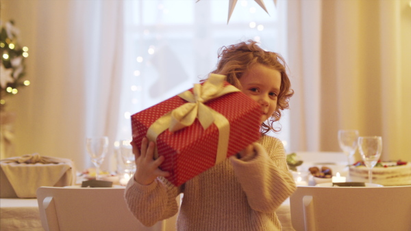 Front view of cheerful small girl sitting indoors at Christmas, holding present.