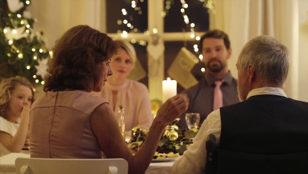 Happy senior man in wheelchair with family indoors at Christmas, dinner concept.