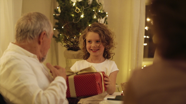 Happy senior man in wheelchair with family indoors celebrating Christmas together.