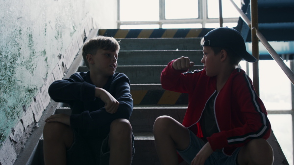 Teenagers boys indoors in abandoned building, sitting on stairs and greeting.