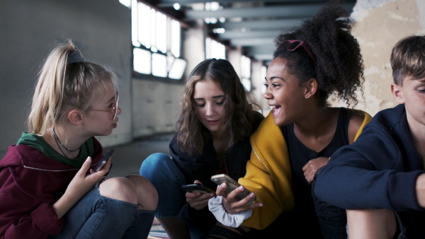 Front view of group of teenagers gang with smartphone talking indoors in abandoned building, looking at camera.