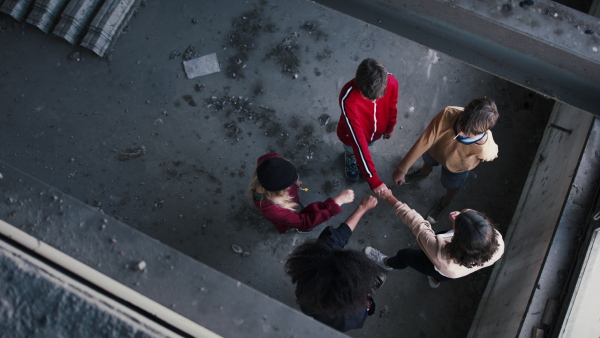 A top view of group of teenagers gang standing indoors in abandoned building, greeting.