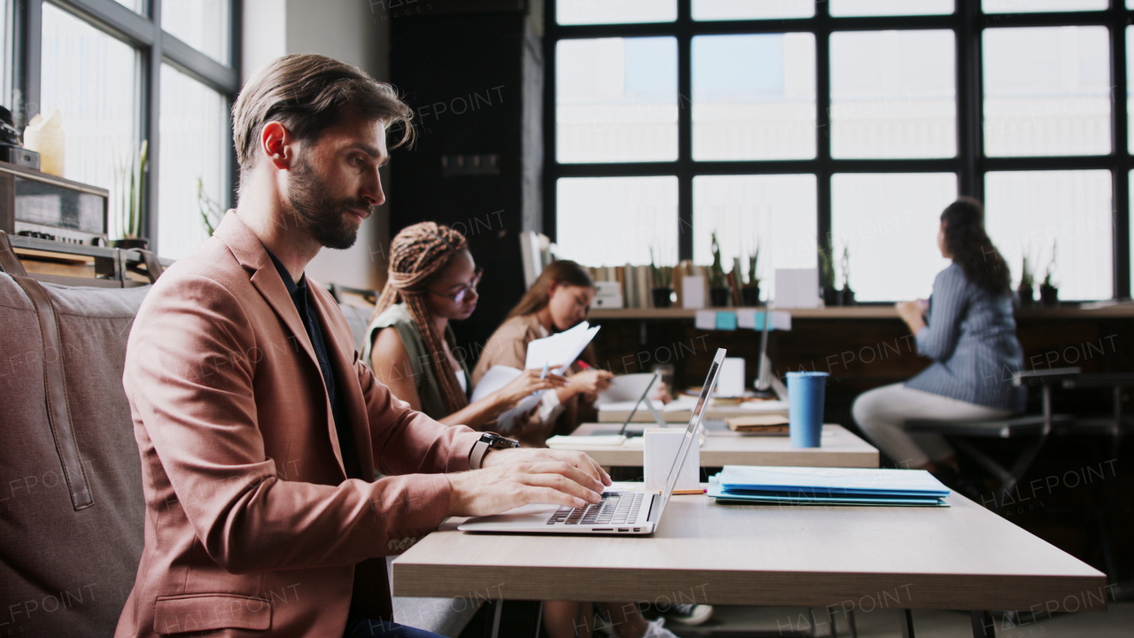 Portrait of group of young businesspeople with laptop sitting and working indoors in office.