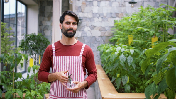 Portrait of man gardener with apron standing in greenhouse, looking at camera.