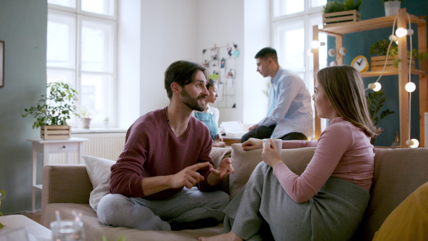 Cheerful young friends sitting on sofa and talking, house sharing concept.