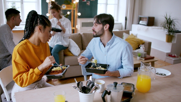 Group of cheerful friends eating take away food indoors, food delivery and house sharing concept.