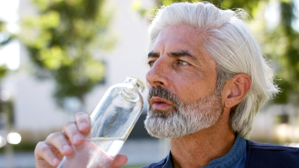 Close-up portrait of mature man sitting outdoors in city, drinking water from bottle.