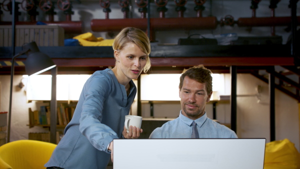 Portrait of man and woman with computer indoors at desk in office, discussing issues.