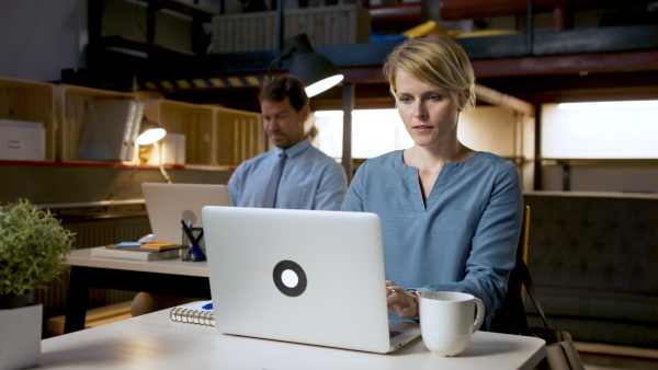 Portrait of man and woman with laptop sitting indoors at desk in office, working.