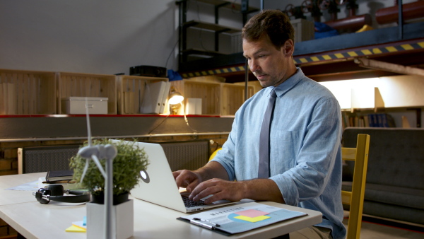 Mature man with laptop sitting indoors at desk in home office, working.