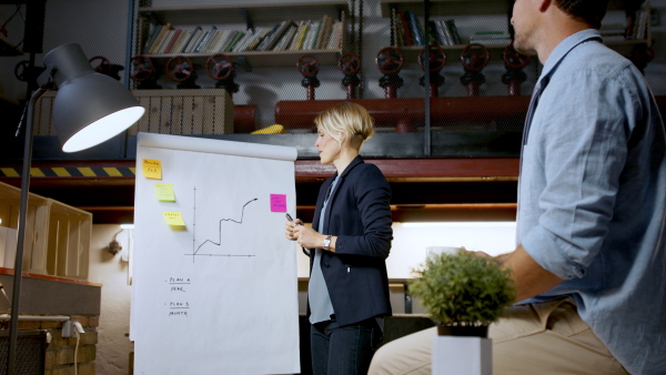 Man and woman with flipchart working indoors in office, talking.