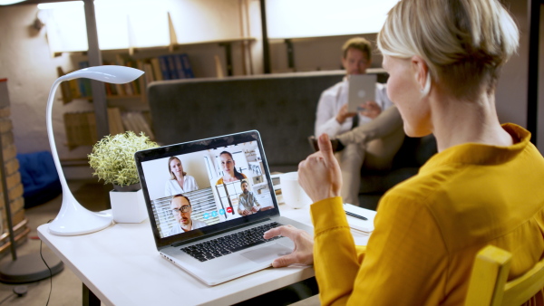 Mature businesswoman with laptop working indoors in home office, business call concept.