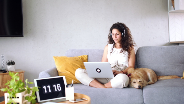 Woman with pet dog sitting on sofa indoors at home, using headphones and laptop.