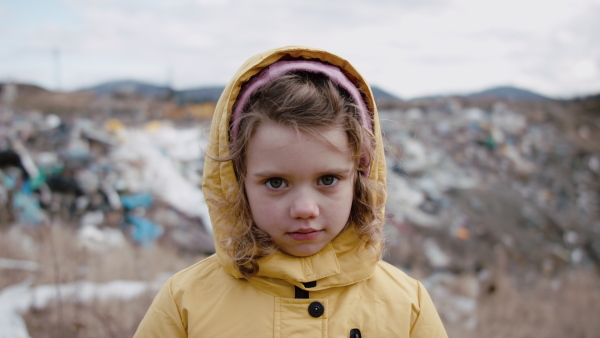 Front view of small child looking at camera on landfill, environmental pollution concept.