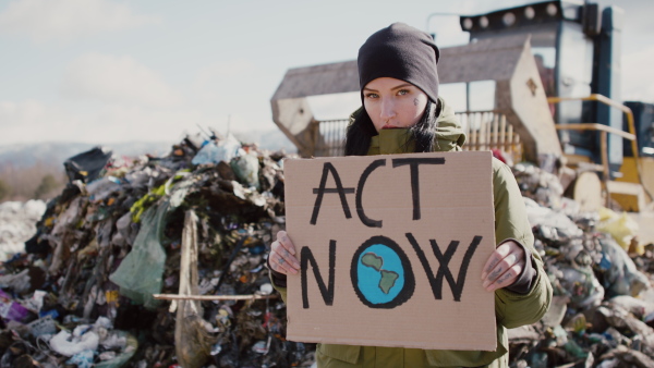 Woman activist holding placard poster on landfill, environmental pollution concept.