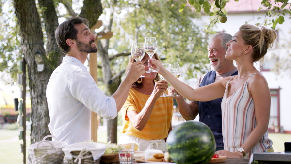 Large family on garden party doing a toast.