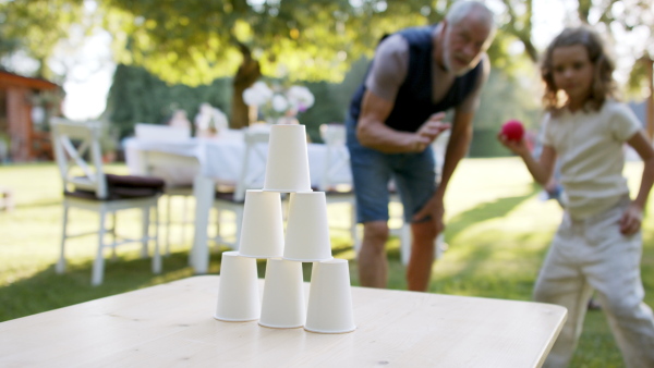 Large family having a garden party, grandfather playing games with kids.