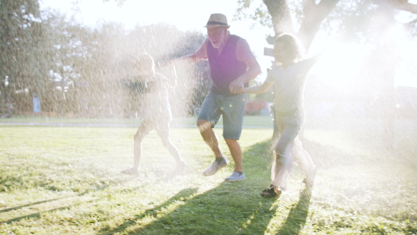 Large family having a garden party, grandfather running through stream of water with kids.