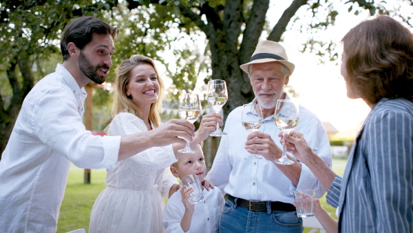 Large family on garden party doing a toast and celebrating birthday.