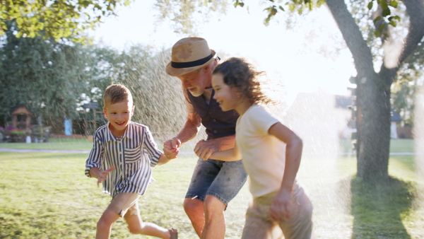 Large family having a garden party, grandfather running through stream of water with kids.