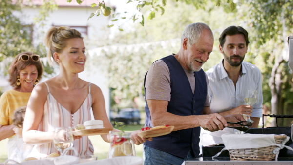 Large family having a garden party, father with son barbecuing.