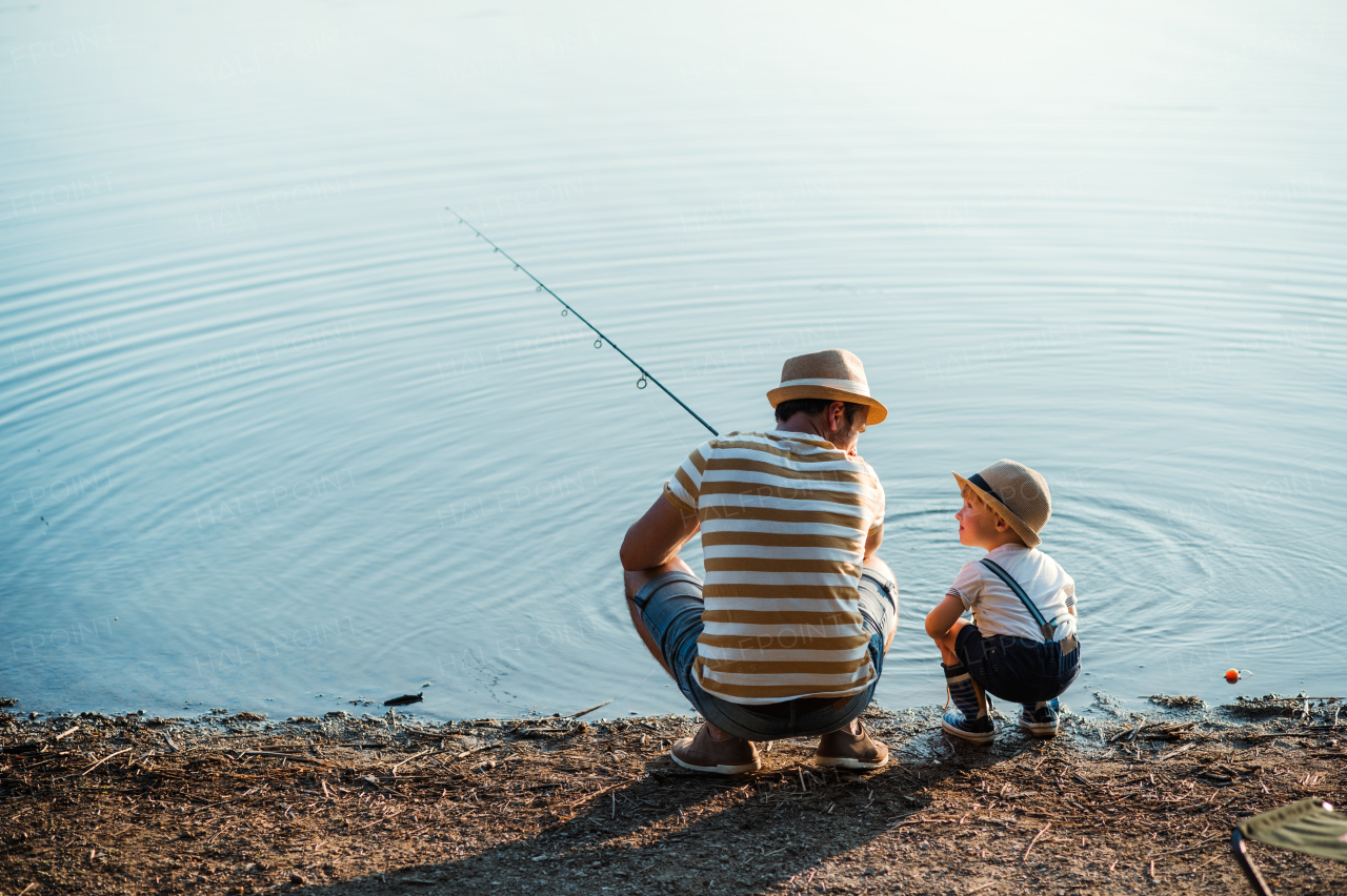 A rear view of mature father with a small toddler son outdoors fishing by a river or a lake.