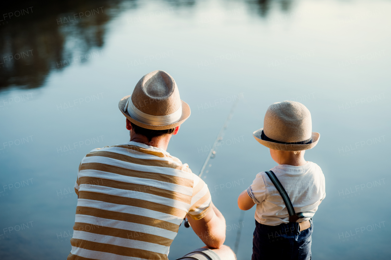 A rear view of mature father with a small toddler son outdoors fishing by a river or a lake.