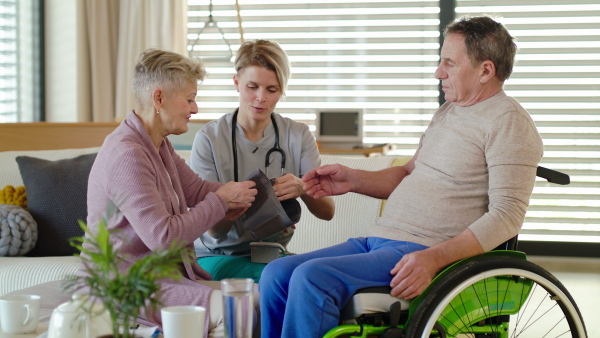 Healthcare worker visiting senior patient in wheelchair at home, blood pressure checking.