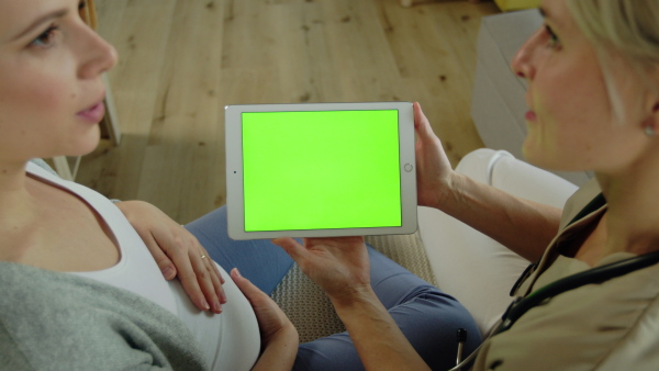 Top view of healthcare worker with tablet talking to pregnant woman at home, copy space.