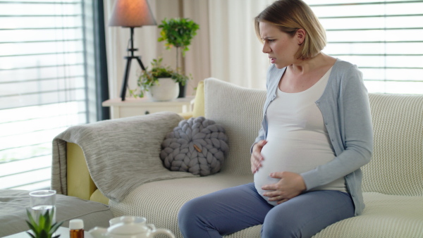 Portrait of worried pregnant woman in pain indoors at home.