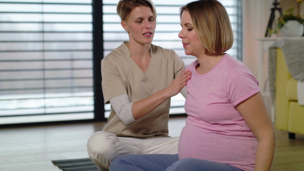 Concentrated pregnant woman doing yoga exercise with instructor at home.