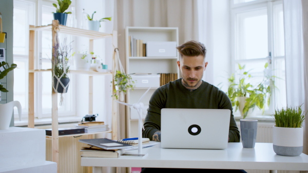 Young man with laptop sitting indoors at desk in home office, working.