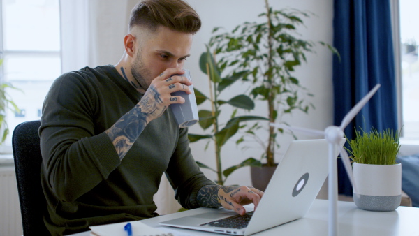 Young man with laptop sitting indoors at desk in home office, working.