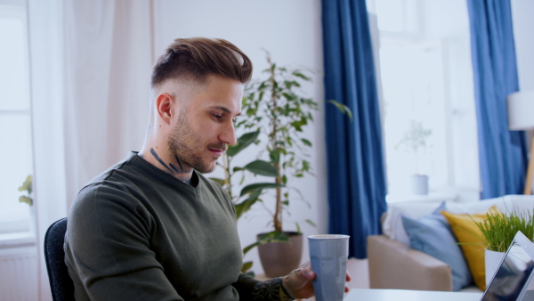 Young man with laptop sitting indoors at desk in home office, working.