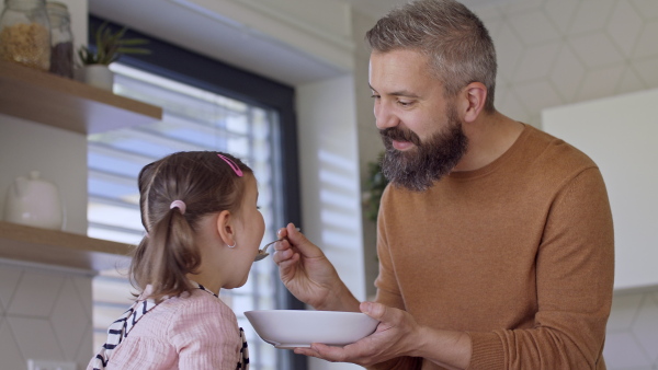 A father with daughter indoors at home, eating breakfast in kitchen, feeding her.