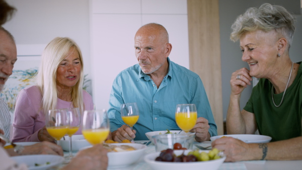 A senior group of friends having party indoors, eating at the table and talking.