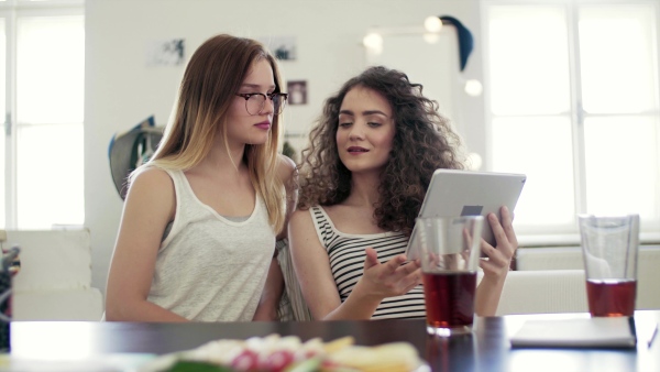 Two cheerful teenage females friends sitting indoors, using digital tablet.