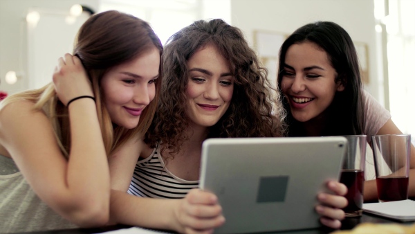 Young cheerful teenage females friends sitting indoors, using digital tablet.