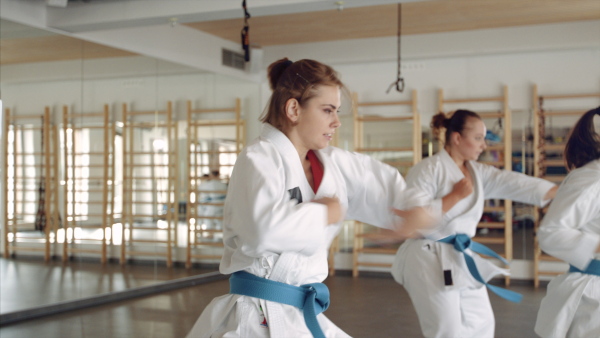 A group of young women practising karate indoors in gym.