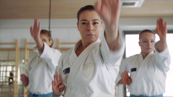 A group of young women practising karate indoors in gym.