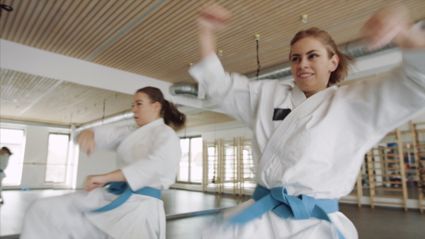 Two young women practising karate indoors in gym.